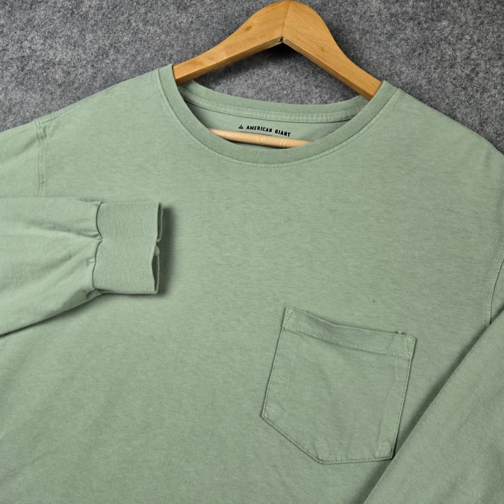 American Giant Long Sleeve T Shirt Mens Large Green Pocket Tee Made In USA Basic